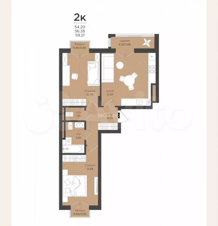 2-к. квартира, 56,4 м, 4/4 эт. - Фото 1