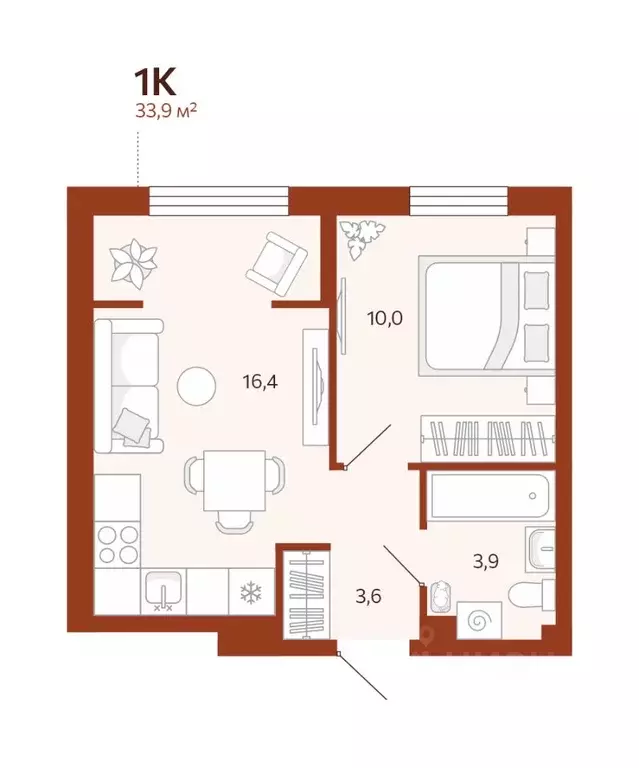 1-к кв. Тюменская область, Тюмень  (33.89 м) - Фото 0