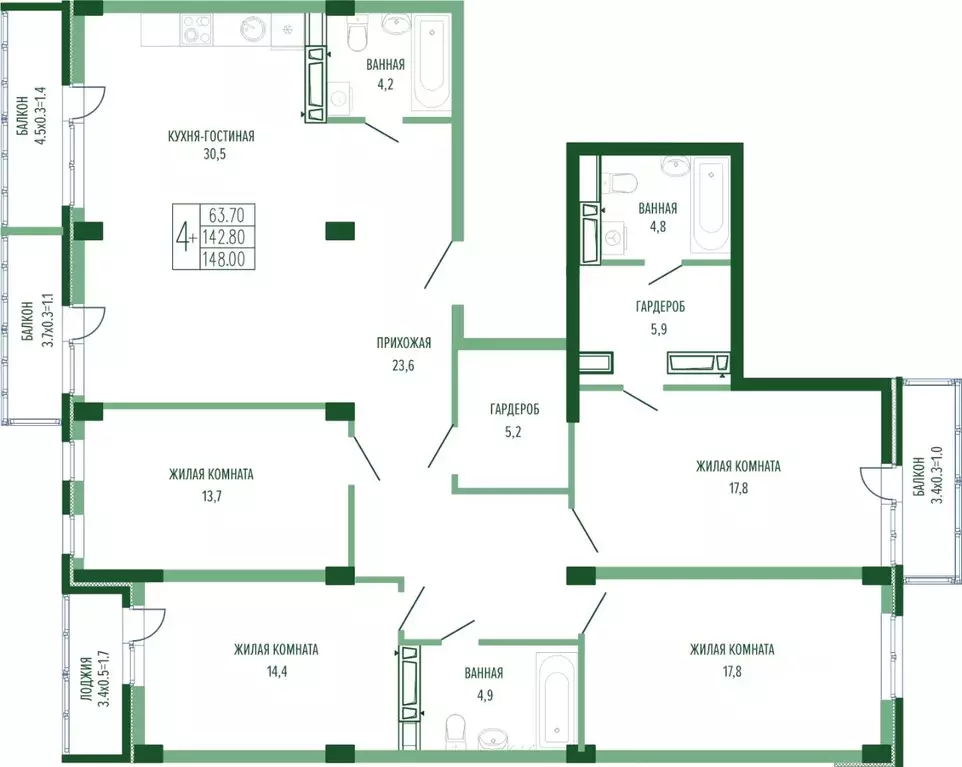 4-к кв. Краснодарский край, Краснодар Круговая ул., 4/1к3 (152.56 м) - Фото 0