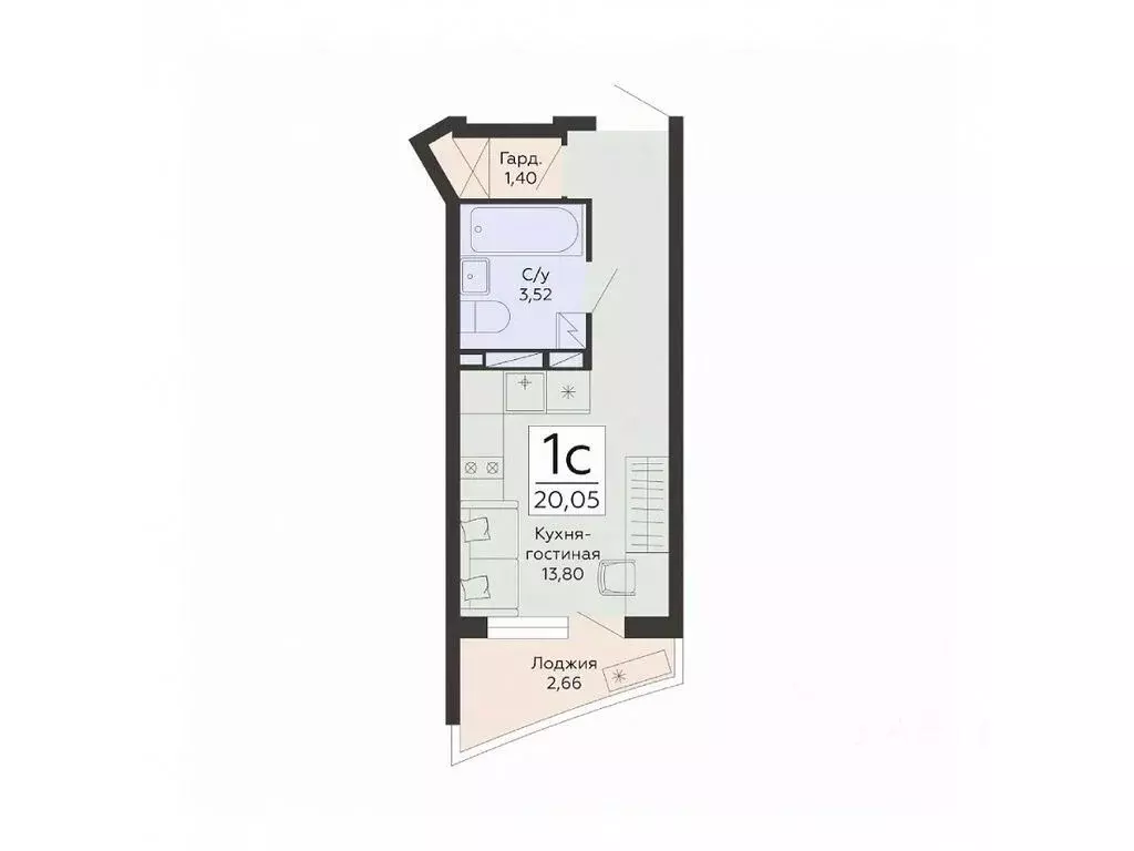 Студия Воронежская область, Воронеж ул. Туполева, 5Н (20.05 м) - Фото 1