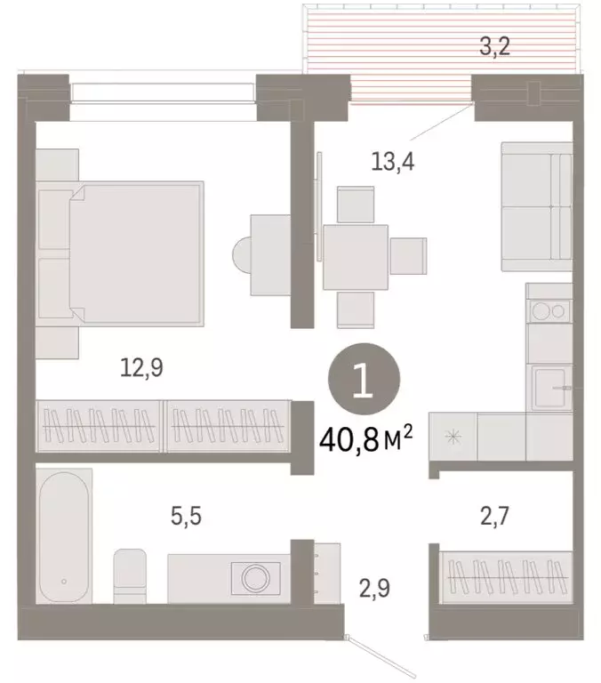1-комнатная квартира: Тюмень, Причальная улица, 7 (40.75 м) - Фото 1