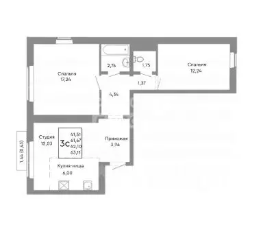 2-к кв. Челябинская область, Челябинск ул. Блюхера, 125Г (62.0 м) - Фото 2
