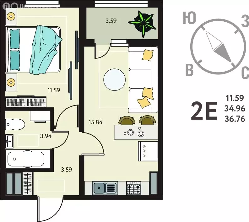 1-комнатная квартира: Курск, улица Энгельса, 115/6 (36.76 м) - Фото 1
