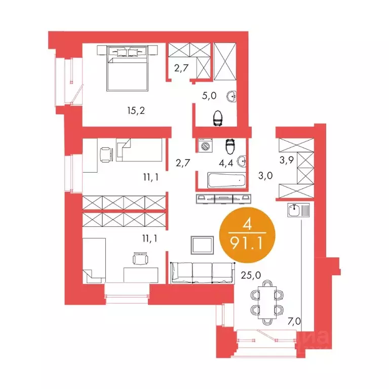 4-к кв. Красноярский край, Красноярск ул. Шахтеров, 33А (91.1 м) - Фото 0