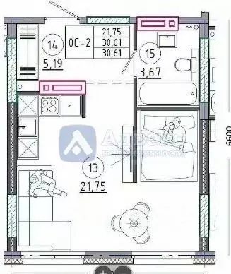 Студия Тюменская область, Тюмень ул. Анатолия Клиндюка, 6 (30.6 м) - Фото 1