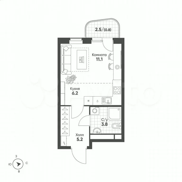 Квартира-студия, 27,1 м, 6/15 эт. - Фото 0
