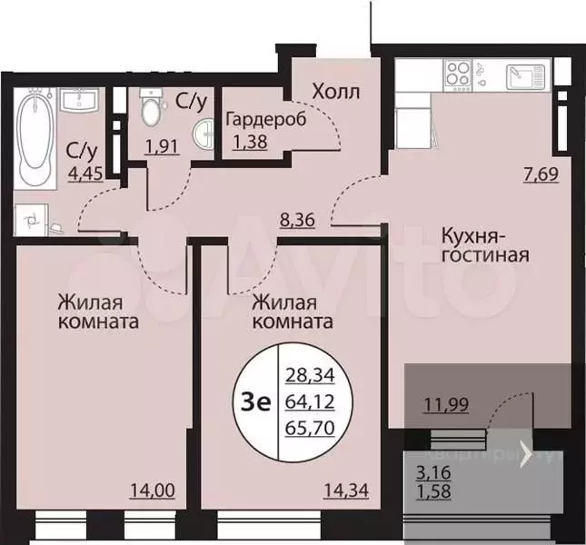 2-к. квартира, 65,7 м, 18/24 эт. - Фото 0