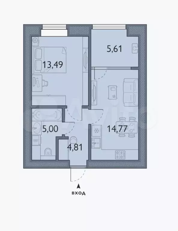 1-к. квартира, 43,7 м, 1/8 эт. - Фото 1