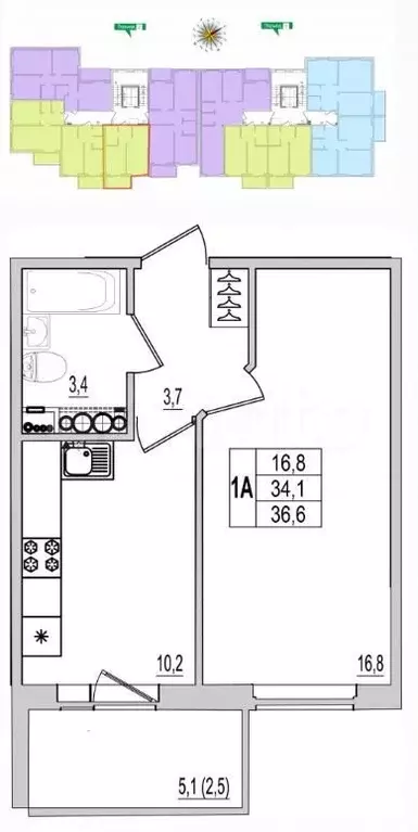 1-к. квартира, 36,6 м, 10/10 эт. - Фото 0