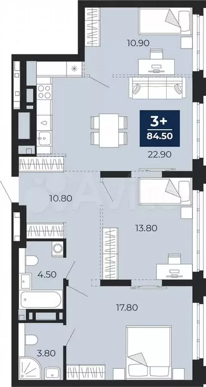 3-к. квартира, 84,5 м, 10/14 эт. - Фото 0