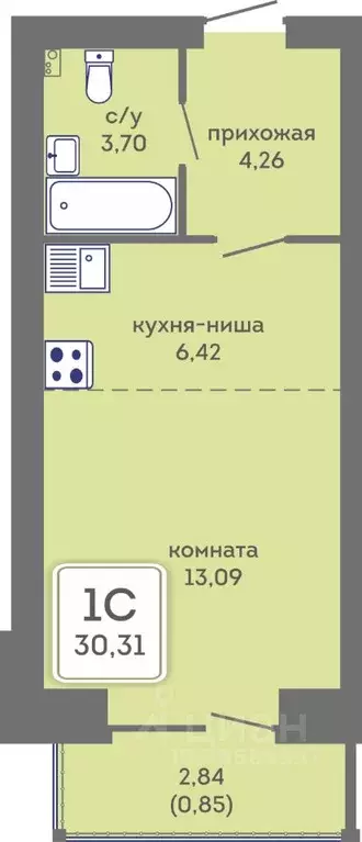 Студия Пермский край, Пермь Кировоградская ул., 28 (30.31 м) - Фото 1