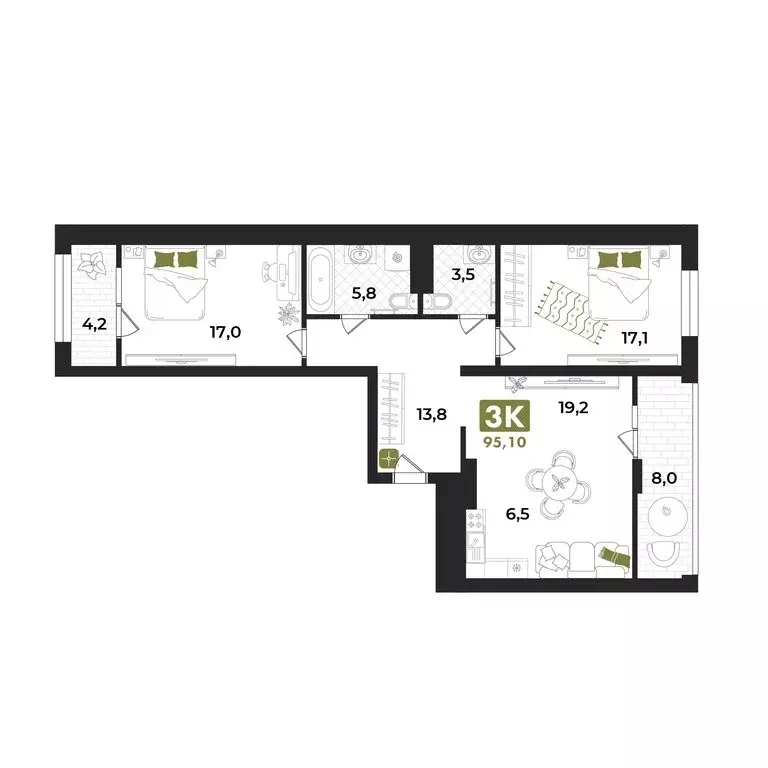 3-комнатная квартира: Тюмень, улица Евгения Войнова, 7 (95.1 м) - Фото 1