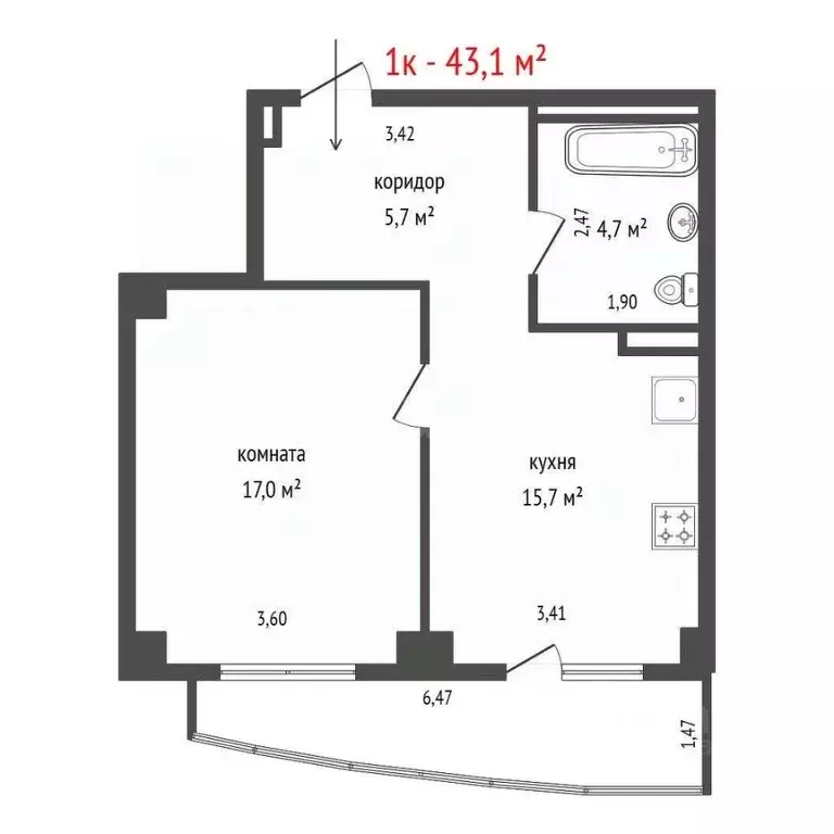 1-к кв. Свердловская область, Екатеринбург ул. Машинная, 1Бк1 (43.1 м) - Фото 2