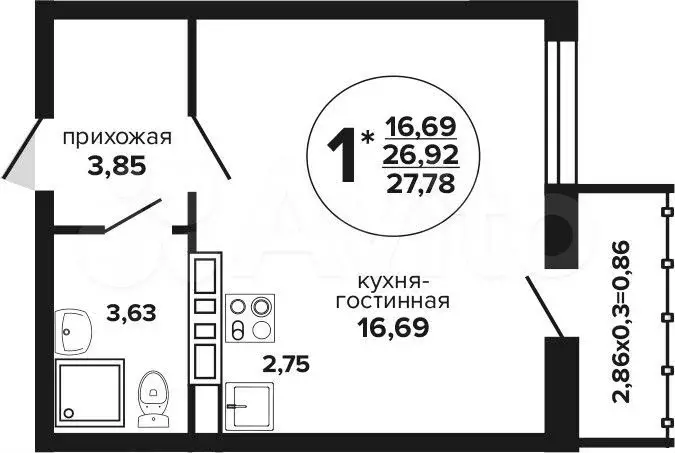 Квартира-студия, 27,8 м, 13/24 эт. - Фото 1