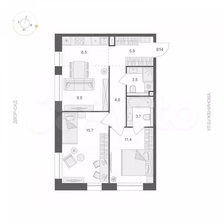 2-к. квартира, 61,2 м, 8/12 эт. - Фото 0
