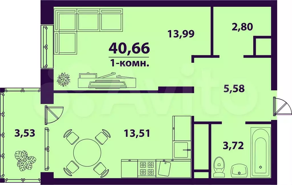 1-к. квартира, 40,7 м, 4/24 эт. - Фото 1