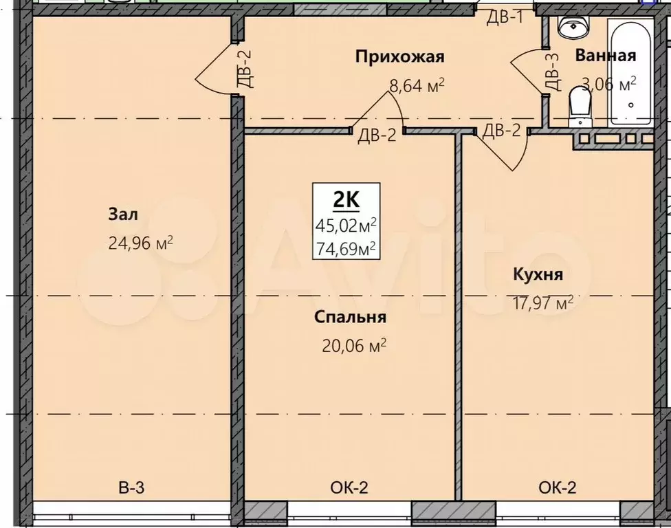 2-к. квартира, 75 м, 4/8 эт. - Фото 1