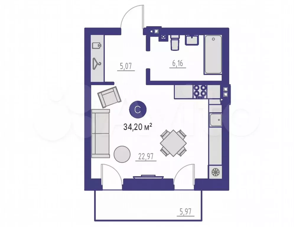 Квартира-студия, 34,2 м, 2/4 эт. - Фото 1