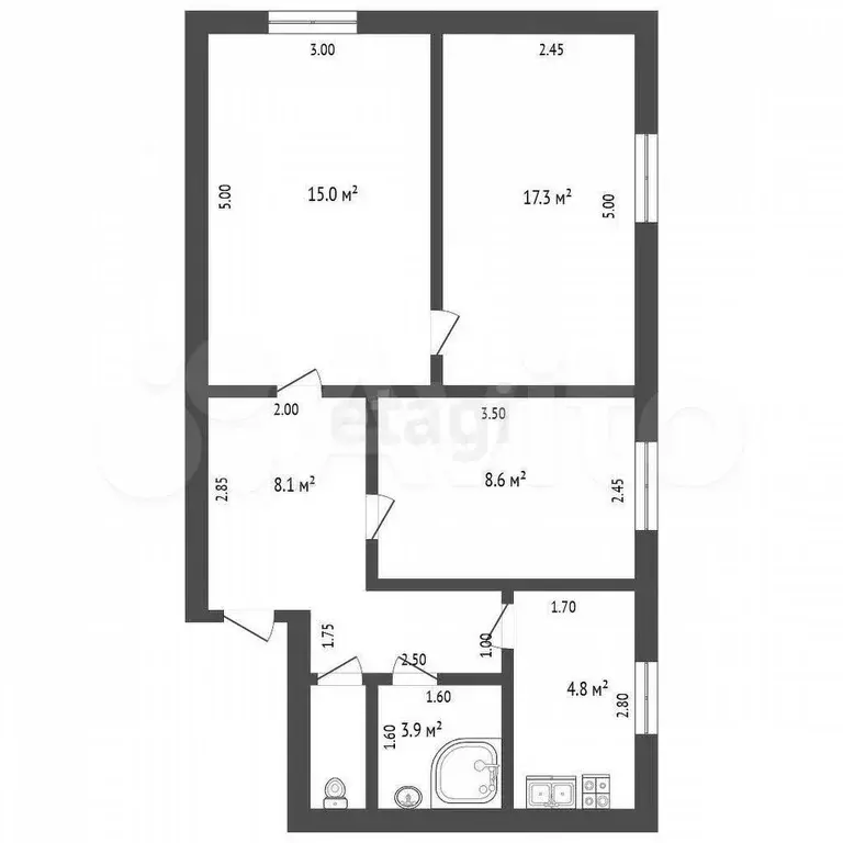 3-к. квартира, 52,6 м, 2/2 эт. - Фото 0