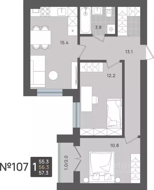 2-к кв. Калининградская область, Пионерский Рабочая ул., 9А (56.3 м) - Фото 1