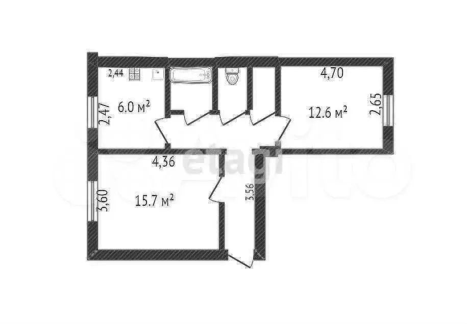2-к. квартира, 55,7 м, 2/3 эт. - Фото 0