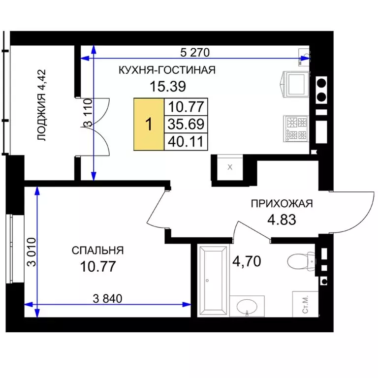 1-комнатная квартира: Гурьевск, жилой комплекс Включи (40.11 м) - Фото 0