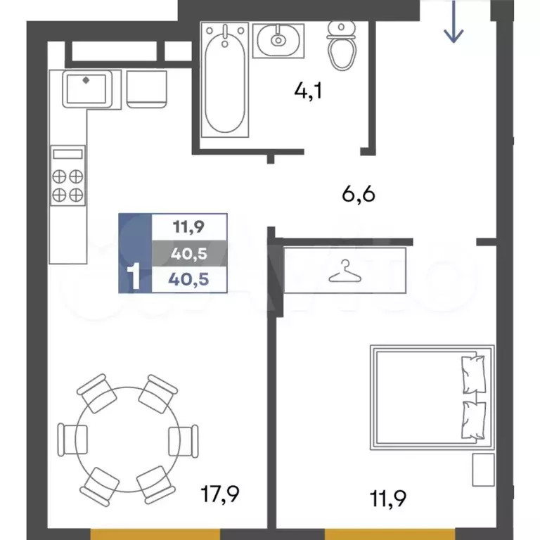 1-к. квартира, 40,5 м, 1/4 эт. - Фото 0