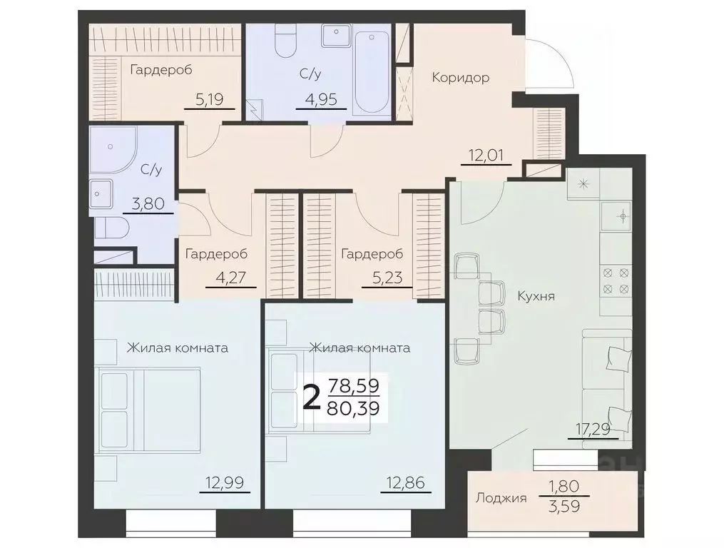 2-к кв. Воронежская область, Воронеж Ленинградская ул., 29Б (80.39 м) - Фото 0