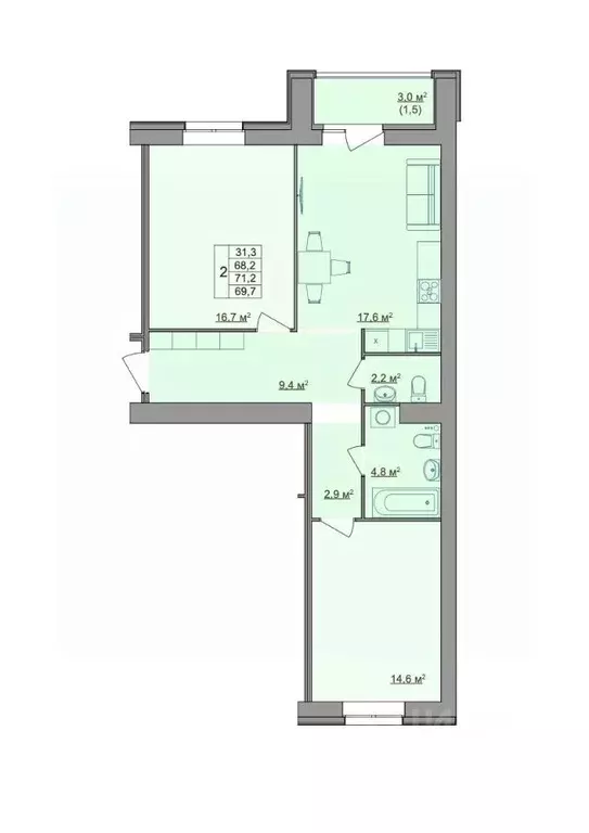 2-к кв. Костромская область, Кострома Магистральная ул., 49А (69.7 м) - Фото 1