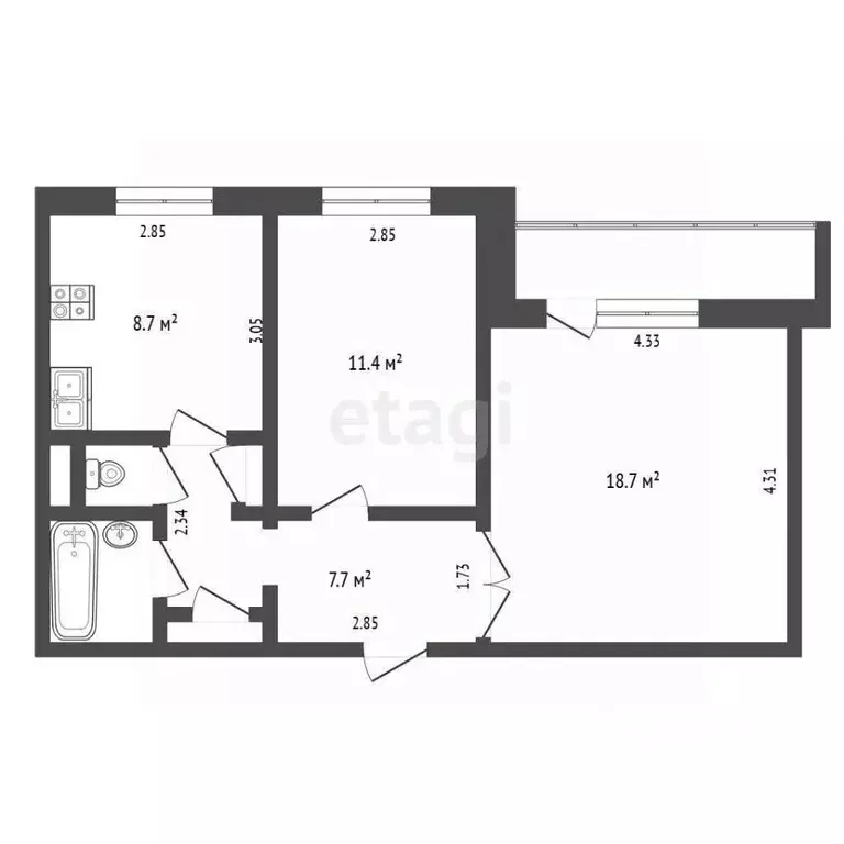 2-к кв. Ханты-Мансийский АО, Нягань 3-й мкр, 1 (50.5 м) - Фото 0