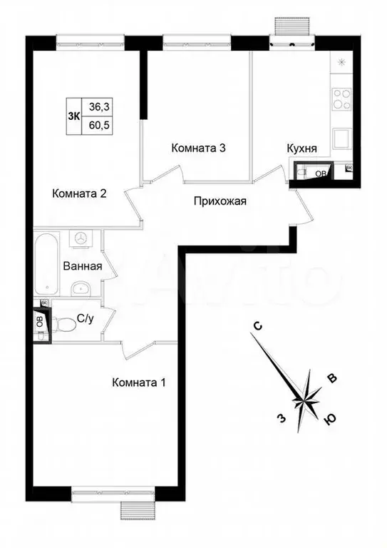 3-к. квартира, 60,5м, 17/21эт. - Фото 0