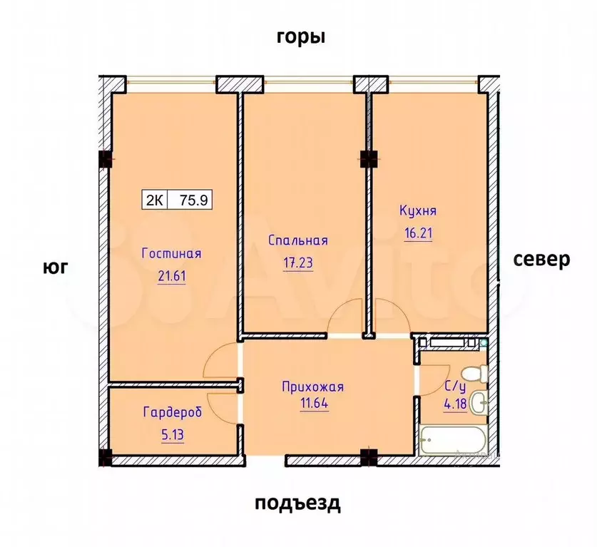 2-к. квартира, 75,9 м, 1/4 эт. - Фото 0