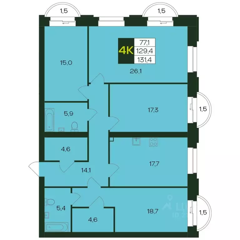 4-к кв. Чувашия, Чебоксары просп. Чебоксарский, 47к2 (131.3 м) - Фото 1
