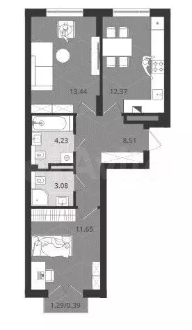 2-к. квартира, 53,7 м, 4/4 эт. - Фото 1