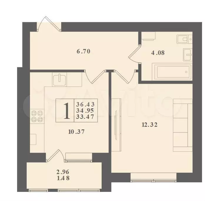 1-к. квартира, 36,5 м, 2/4 эт. - Фото 1