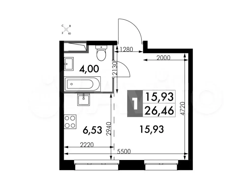 Апартаменты-студия, 26,5м, 15/15эт. - Фото 0