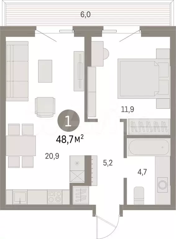 1-к. квартира, 48,7 м, 4/15 эт. - Фото 0