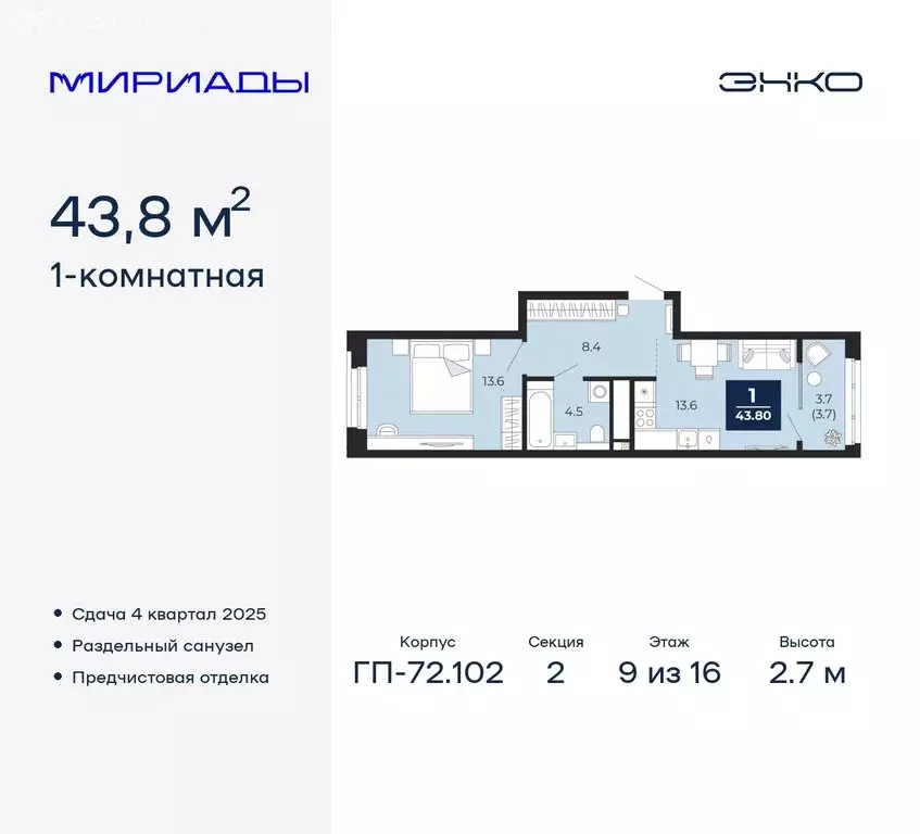 1-комнатная квартира: Тюмень, жилой комплекс Мириады (43.8 м) - Фото 0