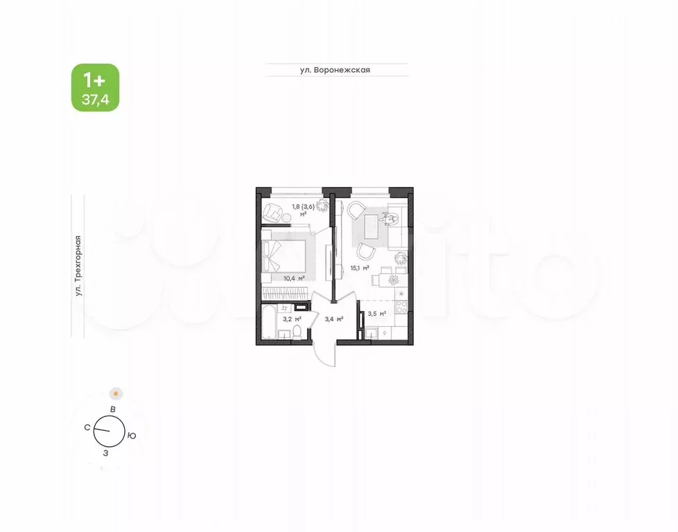 1-к. квартира, 37,4 м, 9/9 эт. - Фото 0