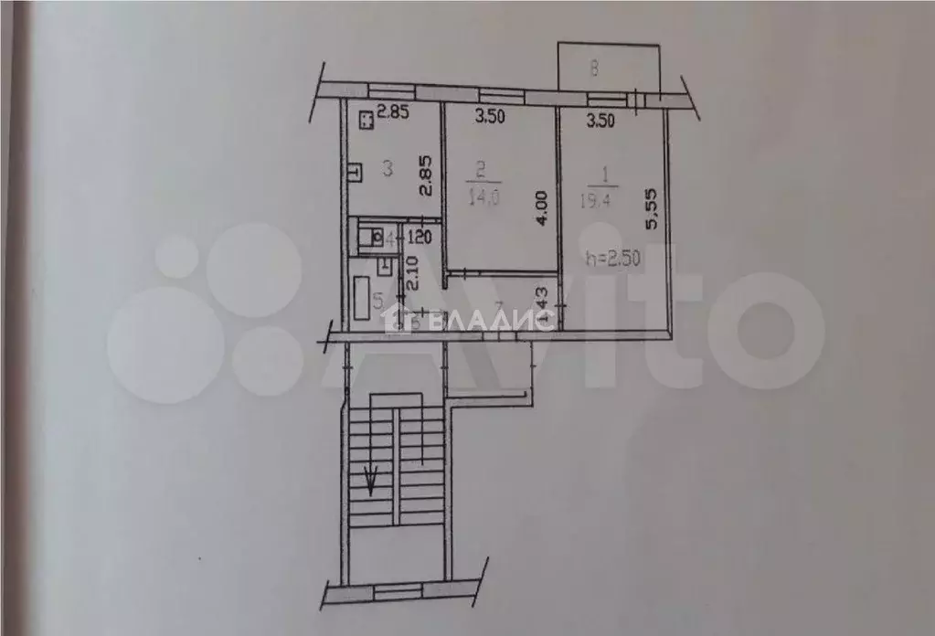 2-к. квартира, 53,1 м, 2/5 эт. - Фото 0