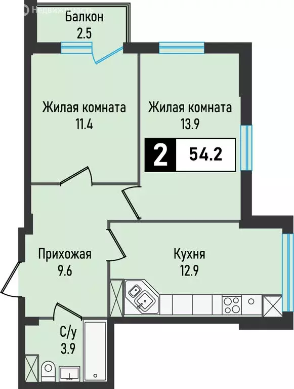 2-комнатная квартира: Иноземцево, улица Рядового Панченко, 28с2 (54.2 ... - Фото 0