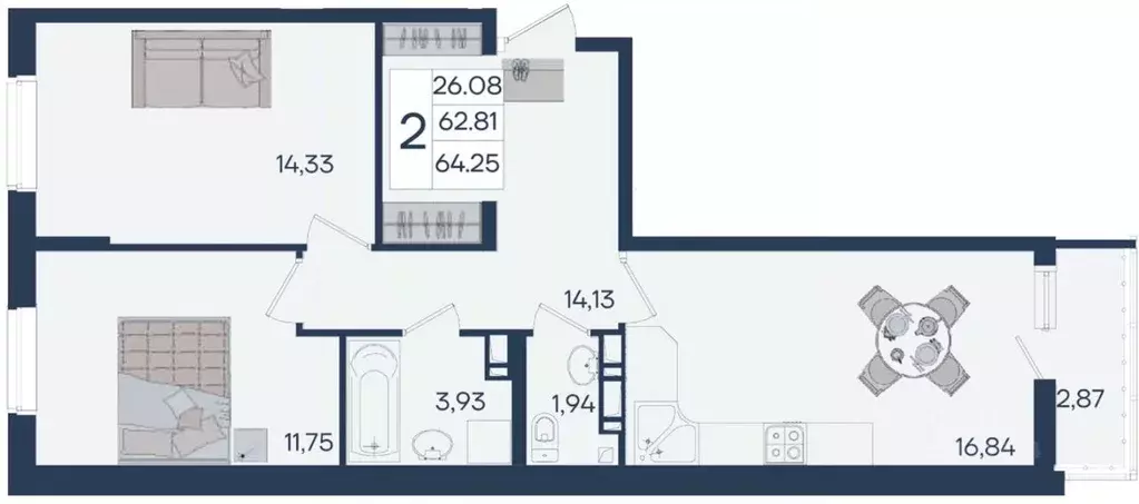 2-к кв. Краснодарский край, Краснодар  (64.25 м) - Фото 1