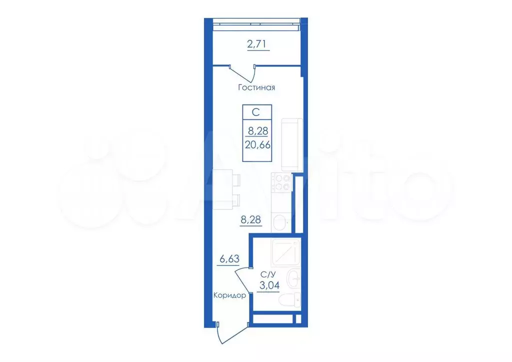 Квартира-студия, 20,7 м, 23/25 эт. - Фото 1