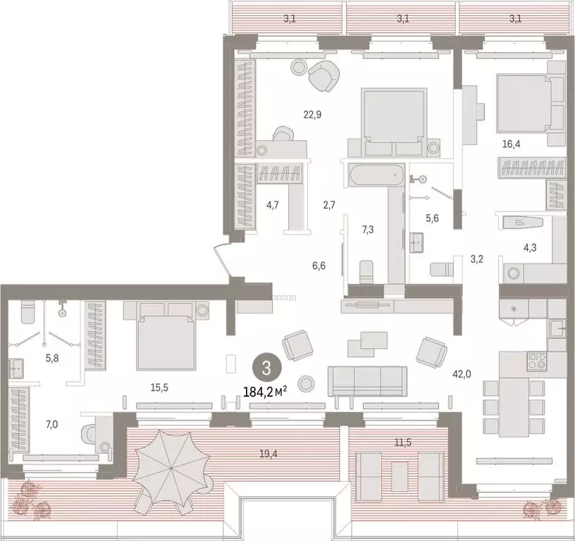 3-комнатная квартира: Тюмень, жилой комплекс На Минской (184.19 м) - Фото 1