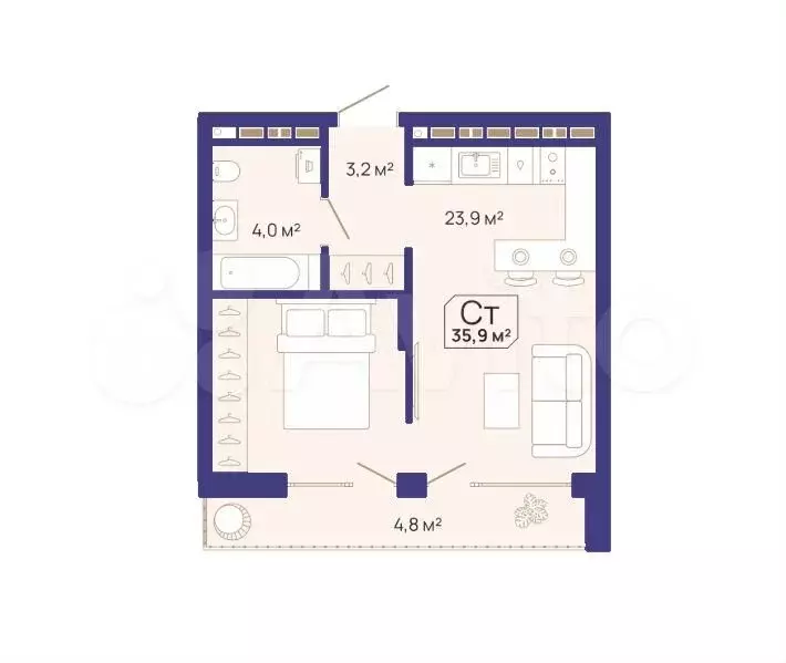 1-к. квартира, 35,9 м, 15/16 эт. - Фото 1