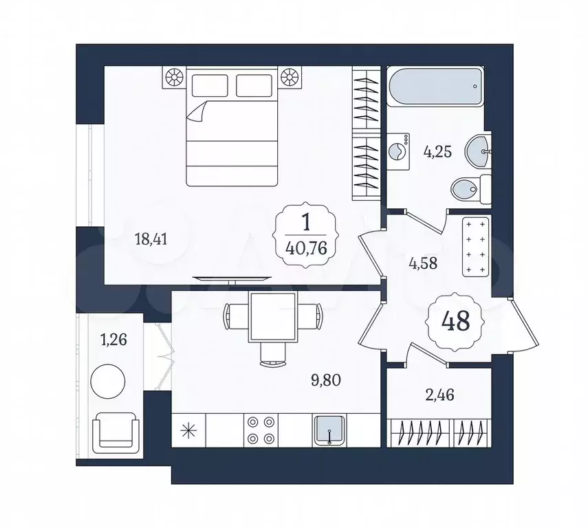 1-к. квартира, 40,8 м, 8/9 эт. - Фото 1