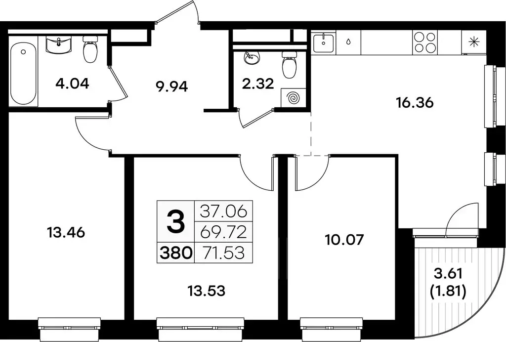 3-комнатная квартира: Казань, Кировский район (71.53 м) - Фото 0