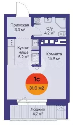 Квартира-студия, 31 м, 8/15 эт. - Фото 1