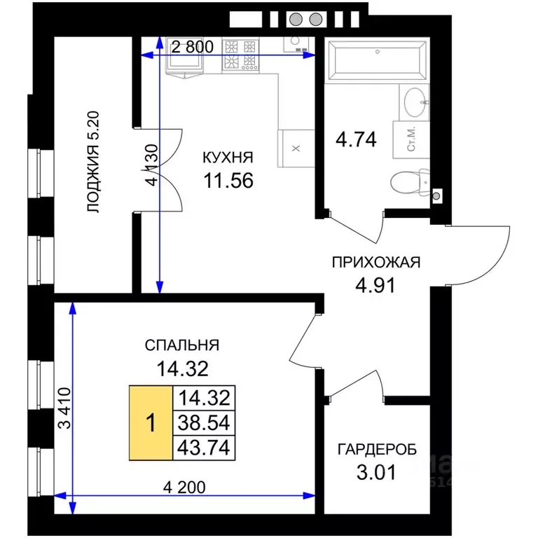 1-к кв. Калининградская область, Гурьевск Включи жилой комплекс (43.74 ... - Фото 0