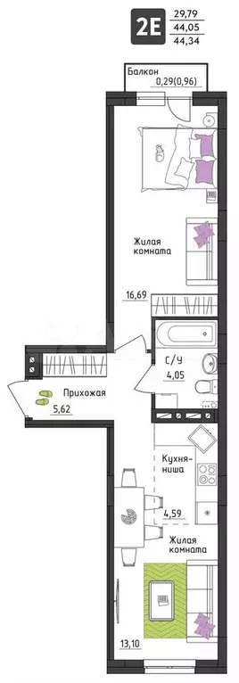 2-к. квартира, 44,3 м, 4/4 эт. - Фото 0